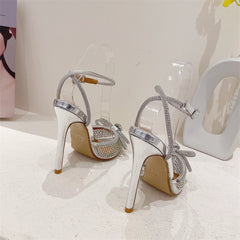 Transparent PVC Rhinestone Pumps Silver Pointed Toe Bowknot Sandals High Heels Crystal Shoes