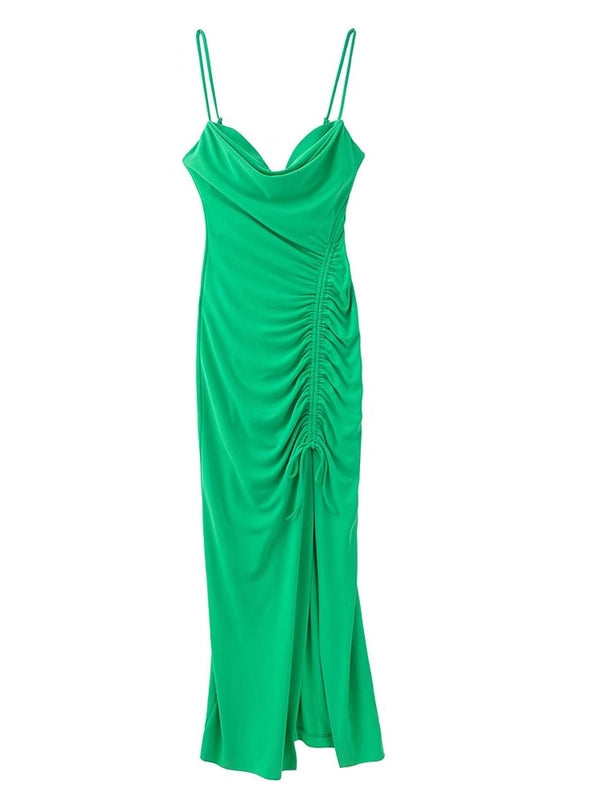 Dresses For Women Party Cowl Neck Sleeveless Spaghetti Strap Summer Midi Dress Ruched Drawstring Front Slit Sexy Bodycon Dress