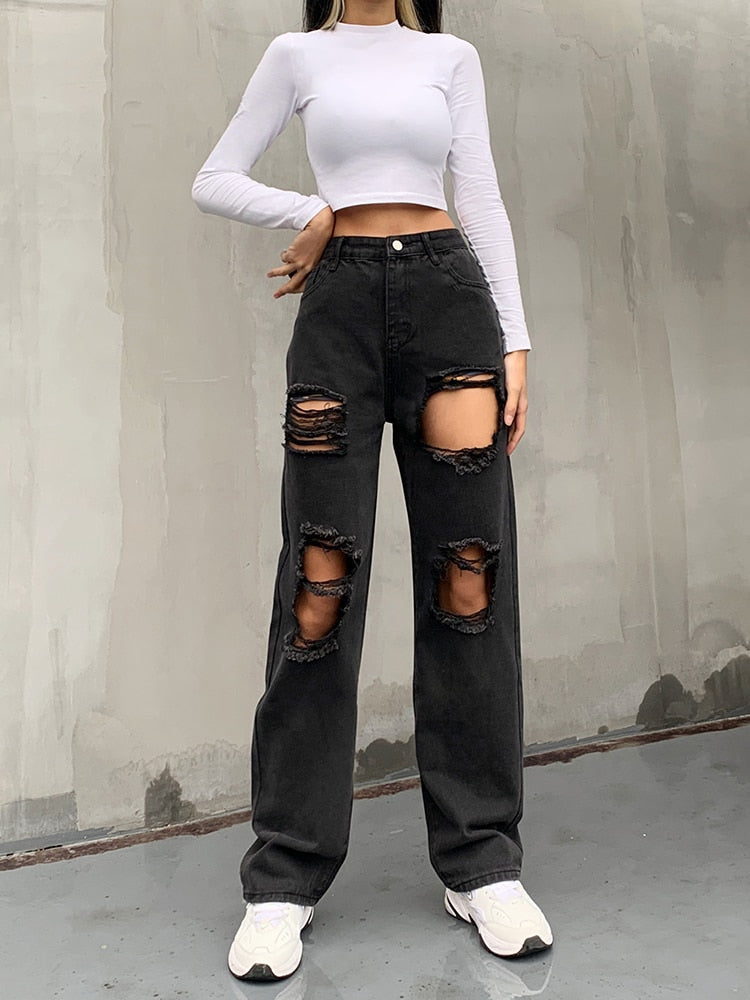 HEYounGIRL Hole Ripped Black Woman Distressed Jeans Casual Hip Hop High Waist Pants Capris Pocket Straight Denim Trousers Ladies