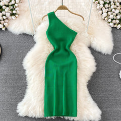 Sexy One Shoulder Crochet Bodycon Dress Chic Knitted Elegant Midi Dress