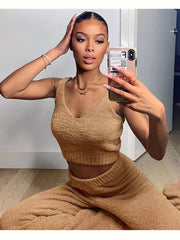 NewAsia Fluffy Two Piece Set Lounge Sexy 2 Piece Set Women Sweater knit Set Tank Top And Pants Casual Homewear Outfits Home Suit