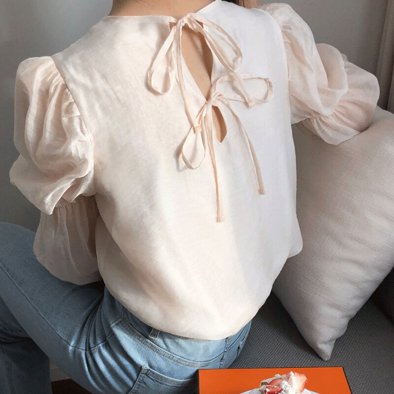 Chic Puff Long Sleeve Blouse 2021 Spring New Fashion loose Vintage Gentle Women Shirt Casual Loose O Neck Femme Blusas 13549