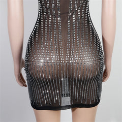 Rhinestone Diamonds Sheer Mesh Lace Up Mini Dress