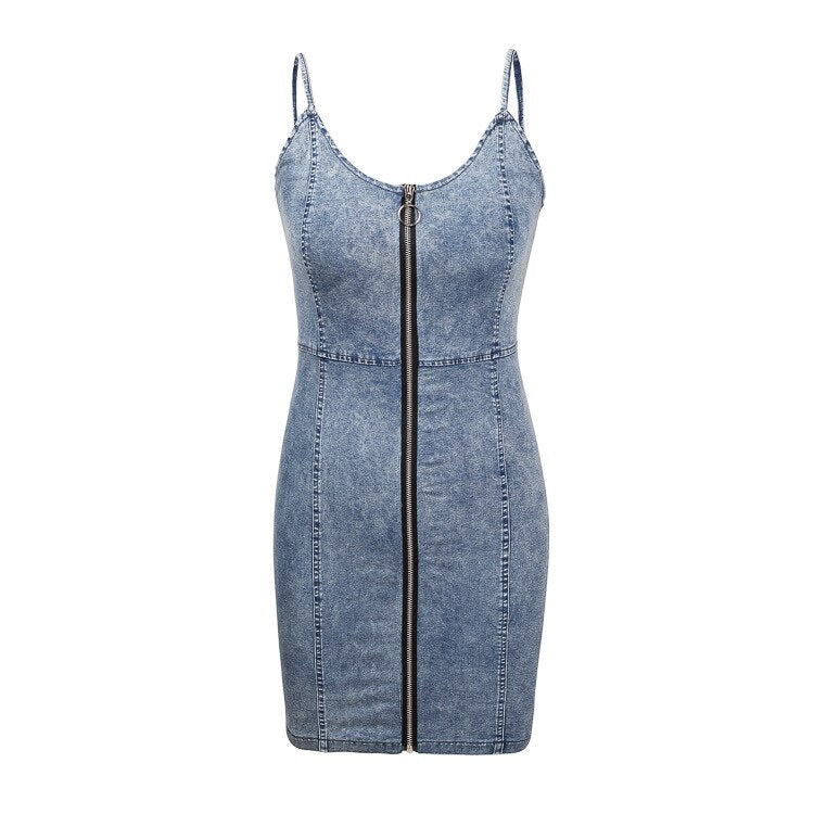 Women Spaghetti Strap Summer Short Denim Dress Ladies Casual V-neck Front Zipper Sexy Backless Skinny Bodycon Mini Jeans Dress