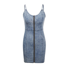 Women Spaghetti Strap Summer Short Denim Dress Ladies Casual V-neck Front Zipper Sexy Backless Skinny Bodycon Mini Jeans Dress