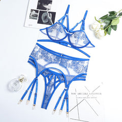 Aduloty Women&#39;s Erotic Underwear Thin Section See-Through Mesh Embroidery Sexy Lingerie Underwire Bra Garter Belt Thong Suit