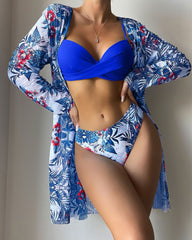 Floral Print Bikini Set - Low Waist Twist Swimsuit Long Sleeve Cover Up Three Pieces Beach Bathing Suit