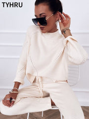 TYHRU Autumn Winter Women Sweater Tracksuit Leisure Hemp Flower Half-High Collar Pullover+Knitted Trousers Suits 2-piece Set