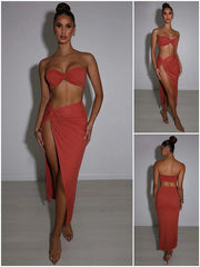 Strapless Sexy Two Piece Set Sleeveless Crop Top And High Split Skirt Matching Set