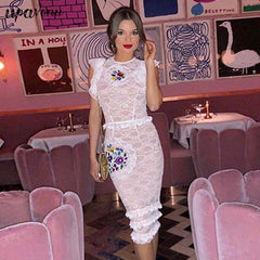2022 New Women&#39;s Celebrity Club Party Dress Vestidos Graceful Floral Embroidery Long Sleeves Ruffles Lace  Bandage Midi Dress