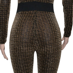 Gold Jacquard Houndstooth Long Sleeve Bodycon Jumpsuit