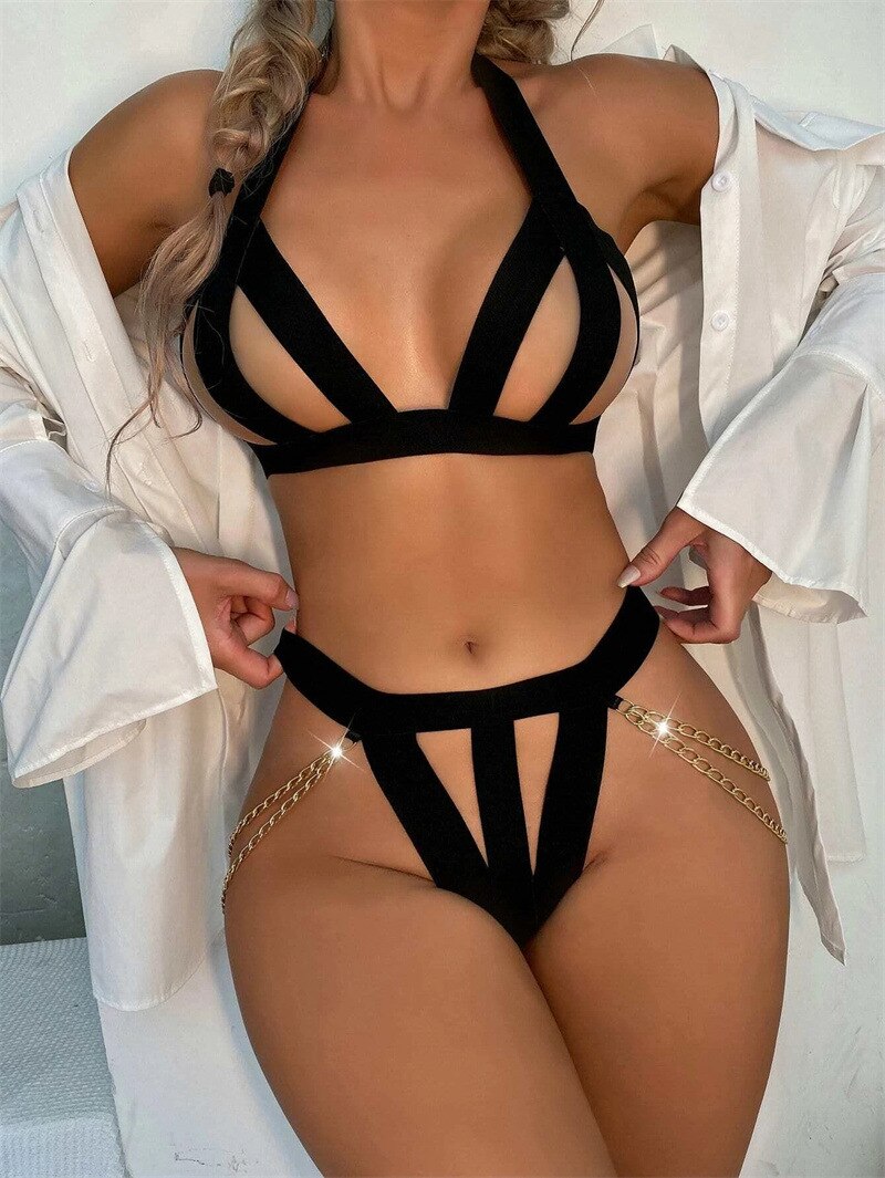 Ellolace Erotic Lingerie With Chain Hollow Out See Through Hot Exotic Costumes Halter Sex Thongs Porn Sexy Sensual Woman Whuta