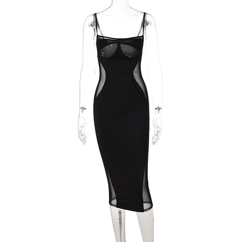 BoozRey Sexy Mesh See Through Midi Dress for Women Splice Spaghetti Strap Backless Hollow Dresses Solid Black Club Party Clothes