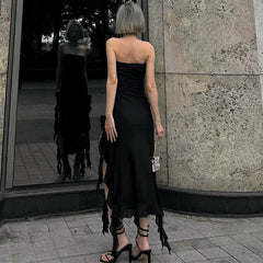 Cryptographic Fringe Sexy Strapless Backless Midi Dress for Women Club Party Frill Hem Sleeveless Slit Dresses Solid Clothes