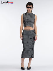 Weird Puss Y2K Fashion Women Two Piece Set Bandage Backless Skinny Tank Top+Mid Skirts Summer Matching Streetwear Stretch Outfit