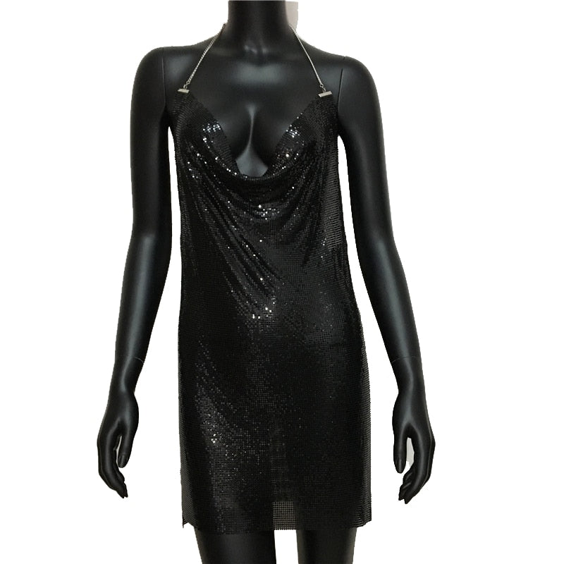 Backless Sequin Short Dress Metalic Split Mesh Low Cut Mini Dress