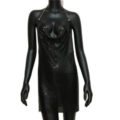 Backless Sequin Short Dress Metalic Split Mesh Low Cut Mini Dress