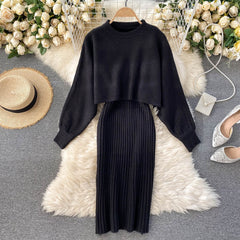 Elegant Slim Two Piece Sets Sweater Dress High Waist Knitted Ensemble Long Dress
