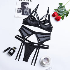 Ellolace Lingerie Sensual Women&#39;s Underwear Hollow Out Bra And Panty Set 3-Pieces Erotic Garters Sex Fancy Exotic Sets