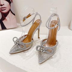 Transparent PVC Rhinestone Pumps Silver Pointed Toe Bowknot Sandals High Heels Crystal Shoes