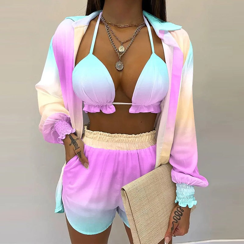Lantern Sleeve Shirt &amp; Pocket Design Shorts Sets With Frill Hem Crop Top
