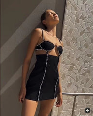 High Quality Black Celebrity Black Bodycon Sparkly Beading Rayon Bandage Dress Elegant Club Party Dress Vestidos