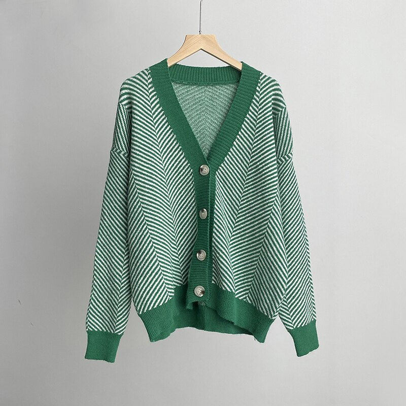 Violette Oversized Striped V-Neck Knit Cardigan One-piece