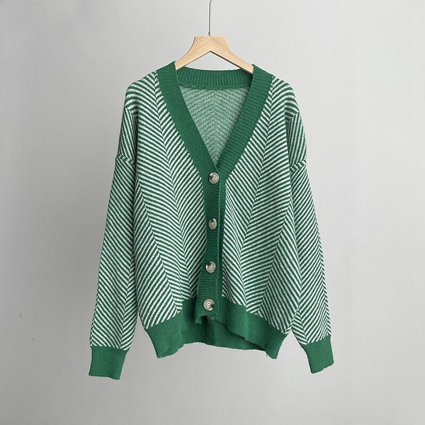 Violette Oversized Striped V-Neck Knit Cardigan One-piece