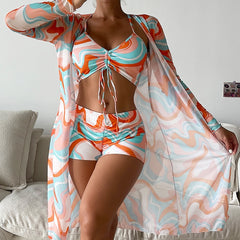Tropical High Waist Bikini Three Pieces - Long Sleeve Cover Up Swimsuit Bathing Suit