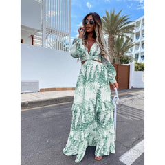 Tunic Beach Cover Up Sexy V-Neck Hollow Out Lantern Sleeve Maxi Dress