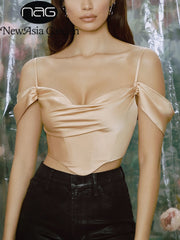 NewAsia Satin Off Shoulder Bustier Boning Corset Top 2 Layers Stretchable Cowl Neck Zipper Adjustable Strap Sexy Crop Tank Top