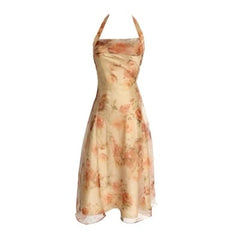 Women Midi Floral Halter Slip Dress Summer 2022 Vintage Painting Flowers Backless Casual Party Night Vacation Runway Vestidos