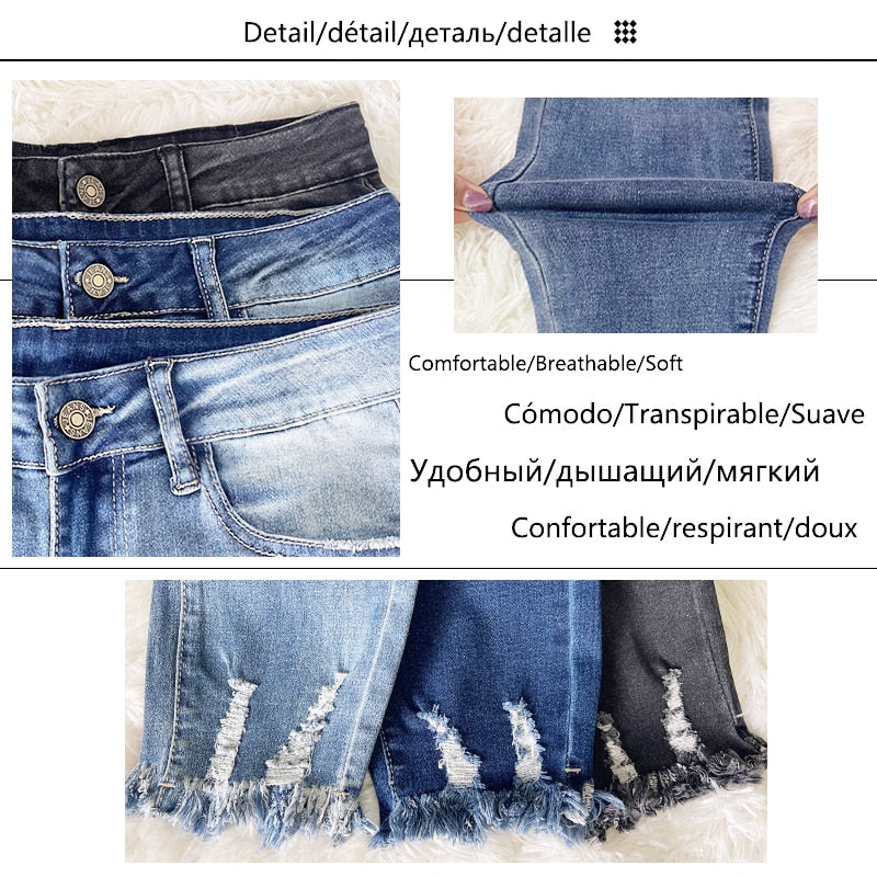 2022 New Pencil Pants Ripped Slim Fit High Waist Vintage Streetwear Casual Fashion Stretch Blue Jeans Woman