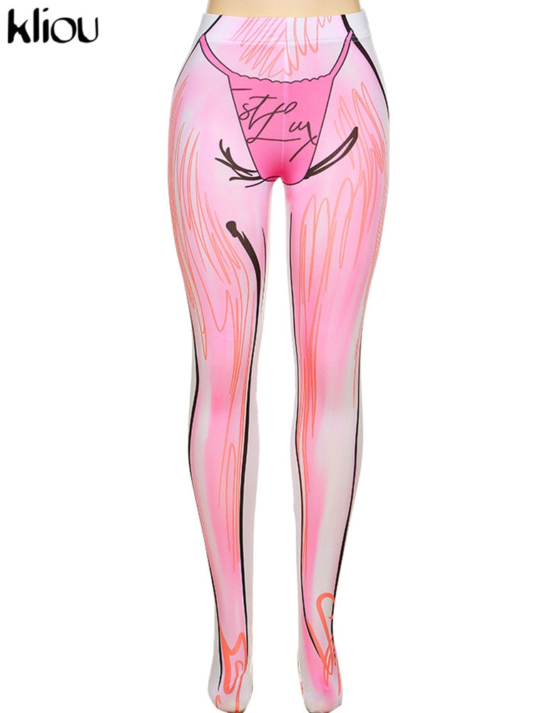 Kliou Gradient Print Foot Pants Women Fashion Medium Waist Body-Shaping Aesthetic Color Match Legging Streetwear Female Trousers