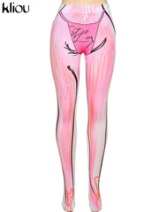 Kliou Gradient Print Foot Pants Women Fashion Medium Waist Body-Shaping Aesthetic Color Match Legging Streetwear Female Trousers