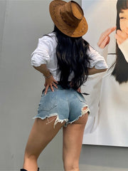 WOMENGAGA Hot Hole High Waist Skinny Hip Sexy Girl Shorts Mom Boyfriend Ladies Denim For Woman Summer blue Korean Women 8K