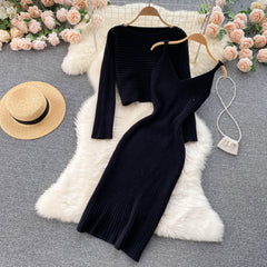 Elegant Slim Two Piece Sets Sweater Dress High Waist Knitted Ensemble Long Dress