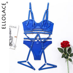 Ellolace Sensual Lingerie Bandage Transparent Erotic Underwear 3 Piece Bilizna Set Underwire Bra Garters Briefs Sexy Intimate