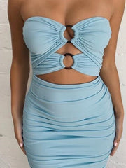 Europe Sexy Hollow Out Sexy Hot Ring Strapless Pleated Show Thin Slim Sheath Mini Party Bandage Bodycon Dress Dresses Korea NBL6