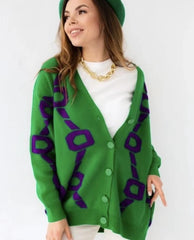 Women Cardigan Green Striped Pink Knit Button Lady Cardigans Sweaters V-neck Loose Casual Winter Fashion Knitted Coat