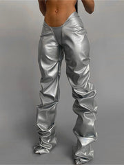 Kliou Faux PU Leather Women Pants Hipster Solid Shiny High Street Irregular Shape Folds Clothing Elastic Waist Female Streetwear