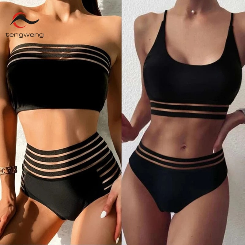 Tengweng Black Mesh Bikini 2022 Bandeau Sexy High Waist Swimwear Female 2 Pieces Set Swimsuit Bathing Suit Women Bathers Beach