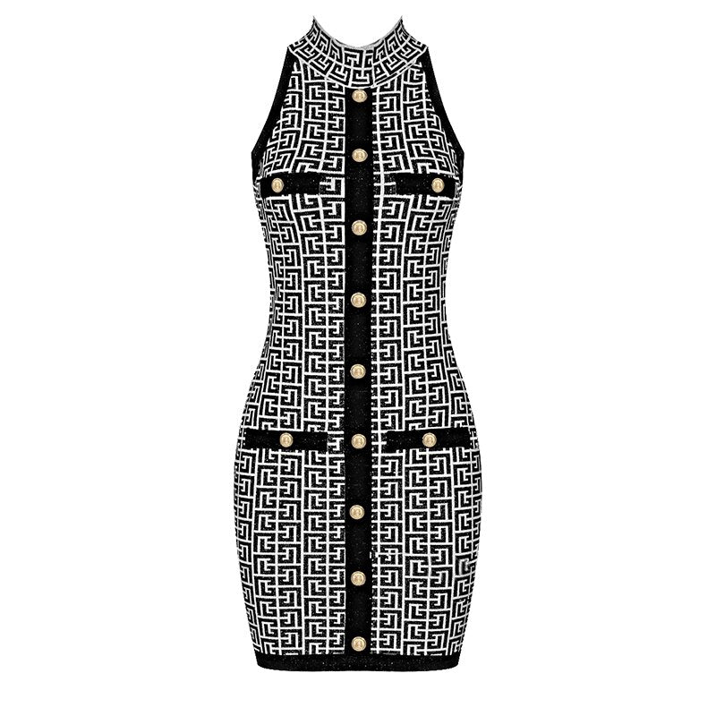 PB Fashion 2022 Summer Women Jacquard Mini Dress Button Design Sexy Sleeveless Party Club Bandage Vestido Free Shipping