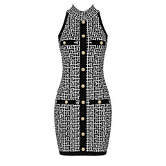 PB Fashion 2022 Summer Women Jacquard Mini Dress Button Design Sexy Sleeveless Party Club Bandage Vestido Free Shipping