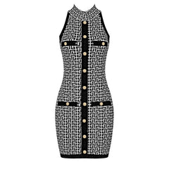 PB Fashion 2022 Summer Women Jacquard Mini Dress Button Design Sexy Sleeveless Party Club Bandage Vestido Free Shipping