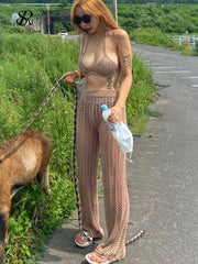 SINGREINY Women Summer Design Knitted Set Sexy Backless Halter Short Tops+Chic Hollow Knitted Wide Leg Long Pants Two Piece Suit