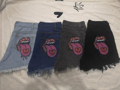 Hot summer women's shorts pockets, printed pattern, big stone love, ripped raw shorts INS influencer
