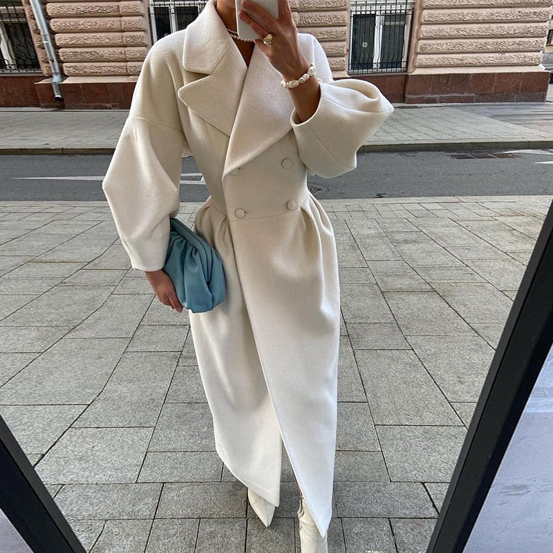 Autumn Women Woolen Coat Thick Lapel Lantern Sleeve Office Lady Long Jackets Double-Breasted New in Outerwears Female Coats