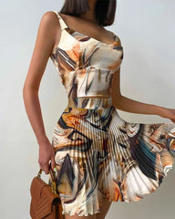 2022 Summer Women 2 Piece Marble Satin Print Crop Tank Top  Pleated Sweet Skirt Set