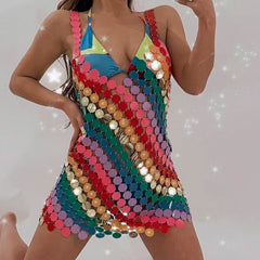 IngeSight.Z Silver Color Sequins Harness Bra Chest Neck Body Chain Sexy Summer Beach Bikini Dress for Women Body Jewelry Party